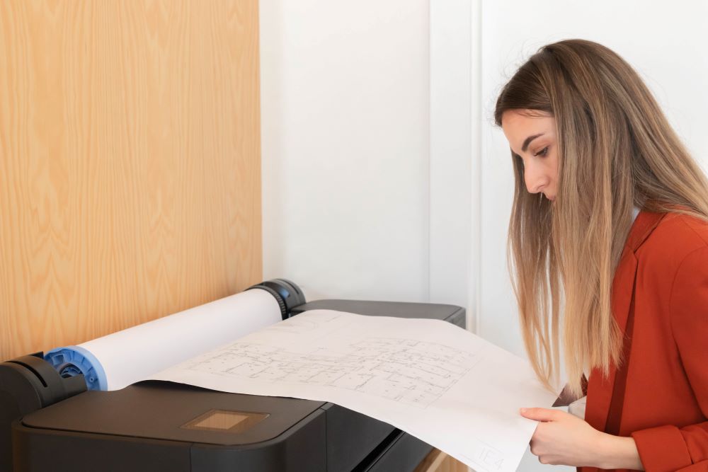 A professional woman in a bright red blazer reviews blueprints as they are printed from a wide format printer.